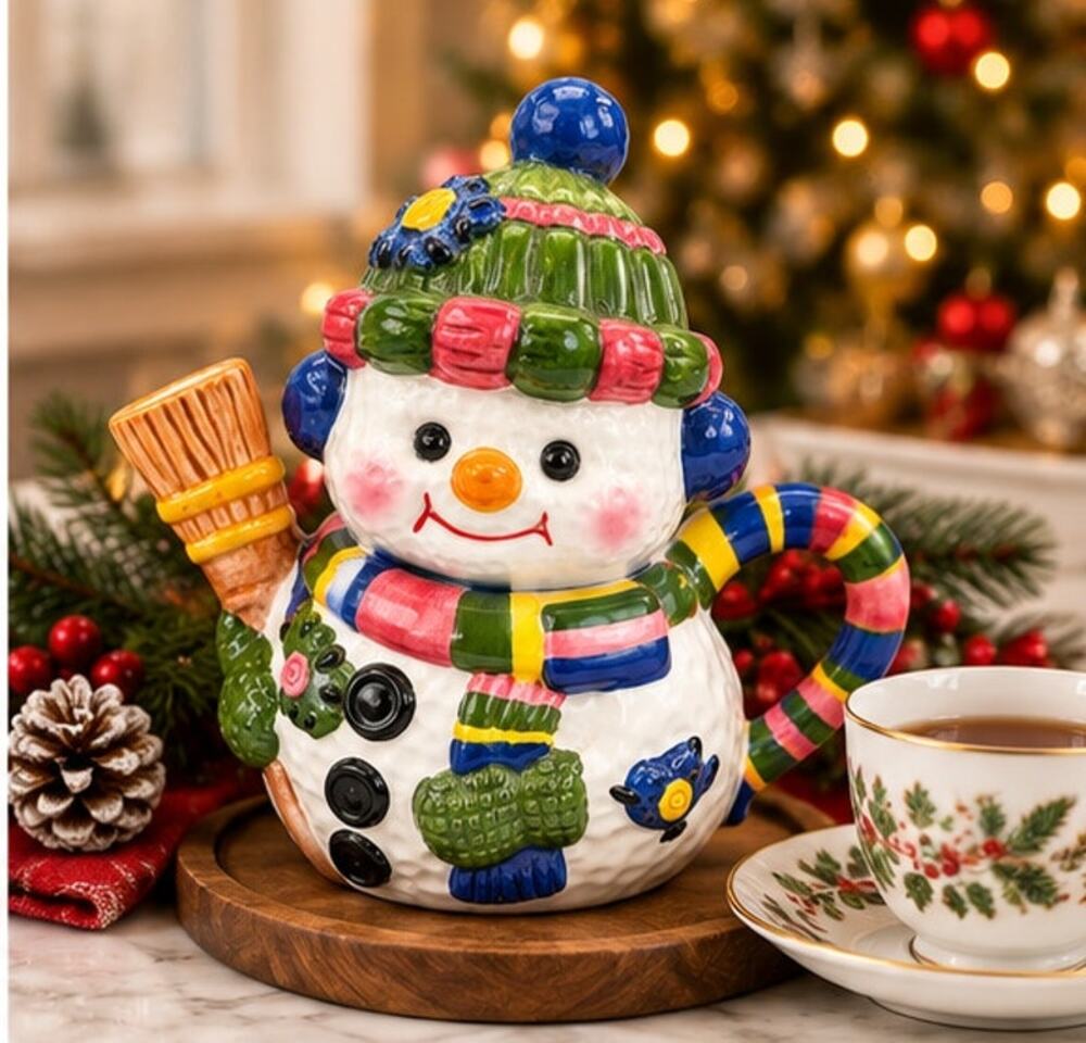 Ceramic Snowman Teapot Hand Painted Christmas Holiday Broom Spout Colorful